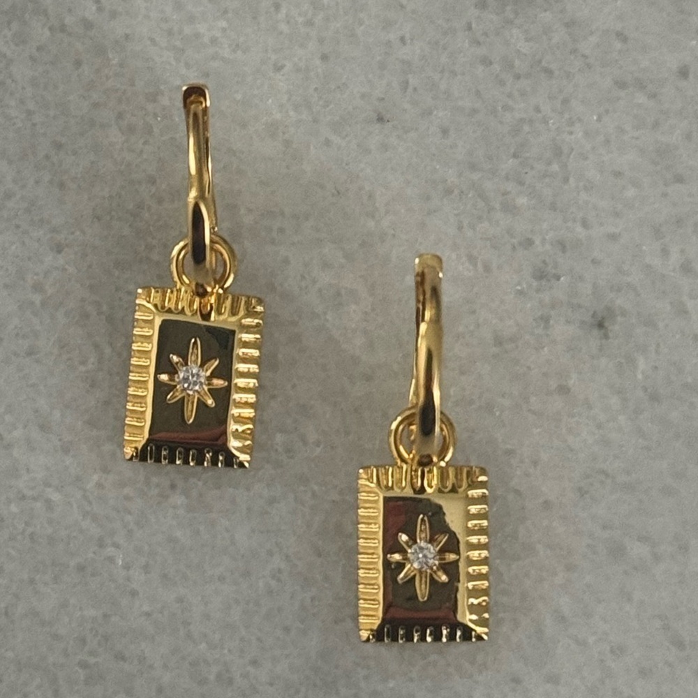 COPY - COPY - Gold Square Star Burst Crystal Pendant Huggie Hoop Dangle Earring… - Picture 4 of 4